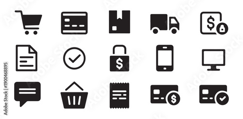 E-commerce icons set delivery payment security documents shopping retail solid black glyph vectors.