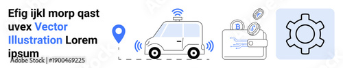 Self-driving car with wireless signals, location pin, digital wallet with circuits, and gear icon. Ideal for innovation, automation, mobility, finance, IoT technology simple landing page