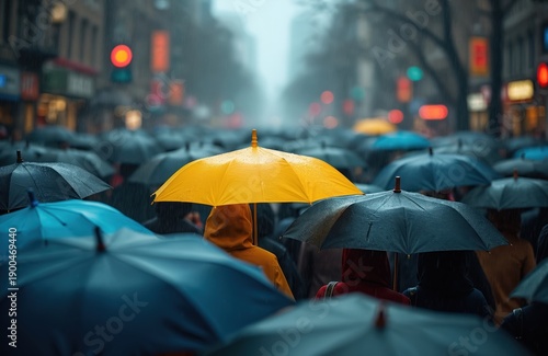 People walk under many umbrellas during a city rainstorm. A bright yellow umbrella stands out from the crowd. Wet street, blurred buildings, and traffic lights create a moody urban atmosphere.