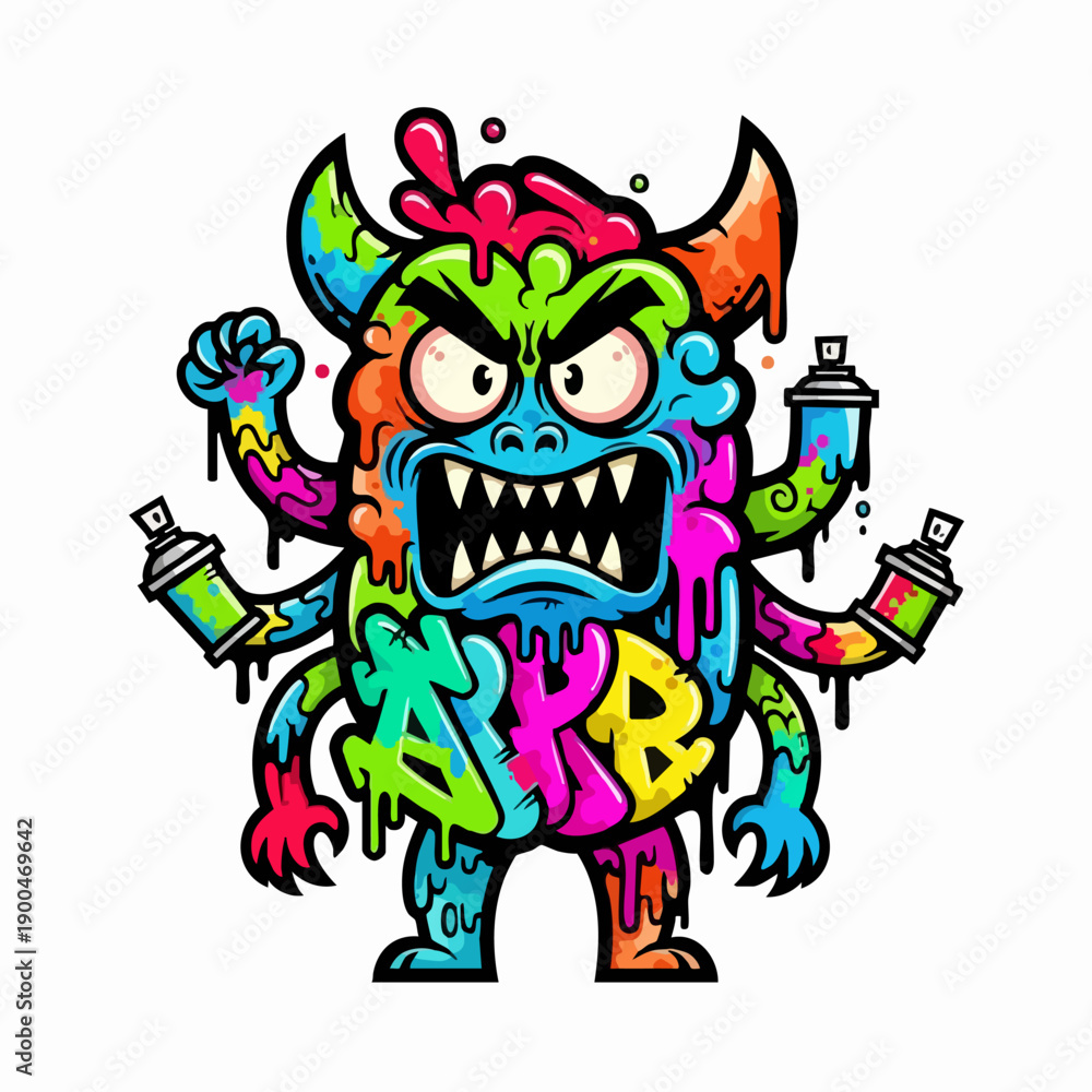 Fototapeta premium Graffiti Monster King Mascot Flat Vector Illustration Colorful Street Art