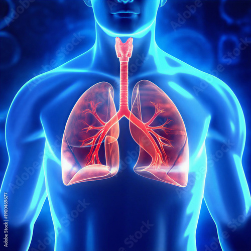 Digital Representation of Human Lungs and Respiratory System within a Glowing Male Body, Symbolizing Health, Medical Science, and Anatomical Study for Healthcare Research and Education