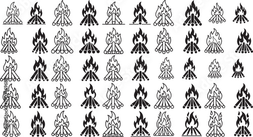 collection of black campfire icons on white background for graphic design