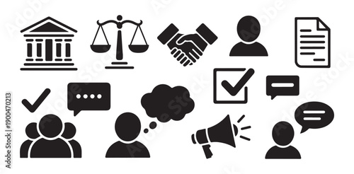 Legal justice icons set with courtroom building scales of balance handshake human profile and more