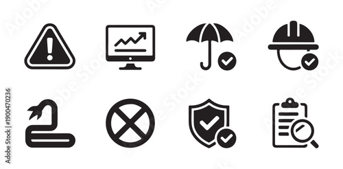 Safety and risk management icons including warning triangle umbrella shield helmet and clipboard