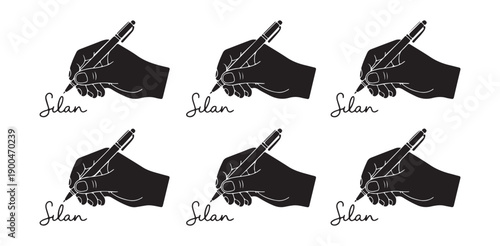 Set of human hands writing signature with pen vector illustration for various design concepts