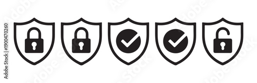 Set of security shield icons with locked and unlocked padlocks and checkmarks on white background