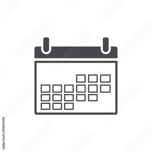Simple dark gray calendar icon showing a month view with blank and filled-in days, representing scheduling and time management.