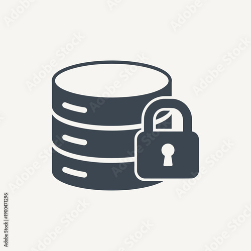 A dark grey icon depicting a stack of database discs secured with a padlock, symbolizing data protection and security.