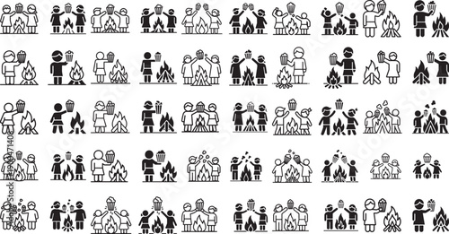 Collection of stick figures throwing trash into fire pits and interacting with each other in various social settings with flames