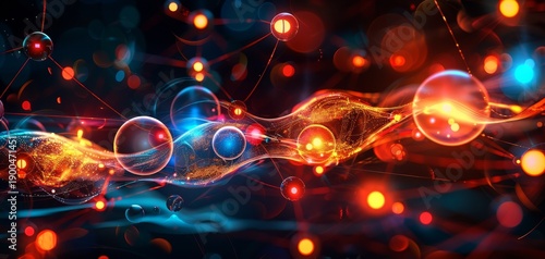 A vibrant, abstract representation of energy flow, featuring colorful orbs and dynamic lines against a dark background.