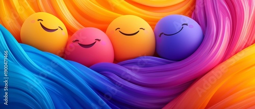 A vibrant image featuring colorful smiling spheres against a swirling background of bright, flowing colors.
