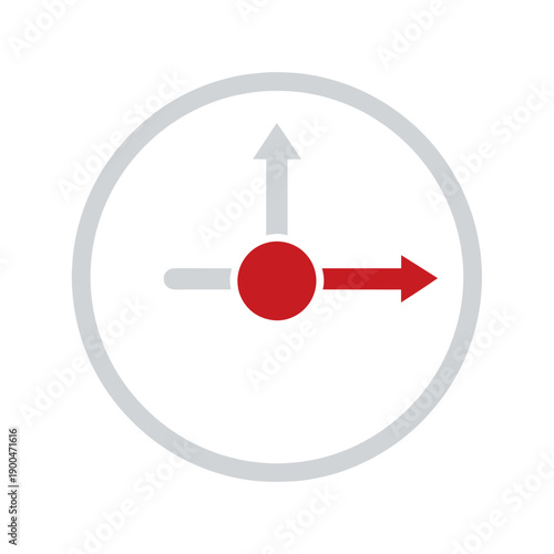 A minimalist clock face with red hands indicating time, set against a clean white background.