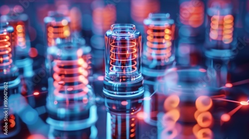 A vibrant, futuristic arrangement of illuminated glass tubes with glowing coils, reflecting a high-tech atmosphere.
