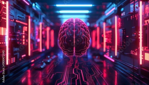 A digital brain illuminated by vibrant neon lights, surrounded by a futuristic circuit-like environment, representing advanced technology and artificial intelligence.