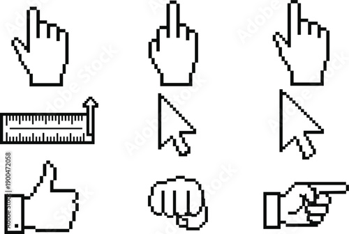 Retro Pixel Art Cursor Icon Set Featuring Hand Pointers, Mouse Arrows, Thumbs Up, Fist Bump, and Ruler for Digital Interface.