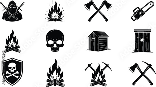 Survival Gear and Horror Adventure Icon Set Featuring Skulls, Axes, Campfires, Chainsaw, Shield, Cabin, and Hooded Assassin for Outdoor Wilderness Illustration.