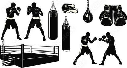 Boxing and Combat Sports Silhouette Vector Set Featuring Boxers Sparring Punching Bags Gloves and Ring for Gym Fitness and Training Design