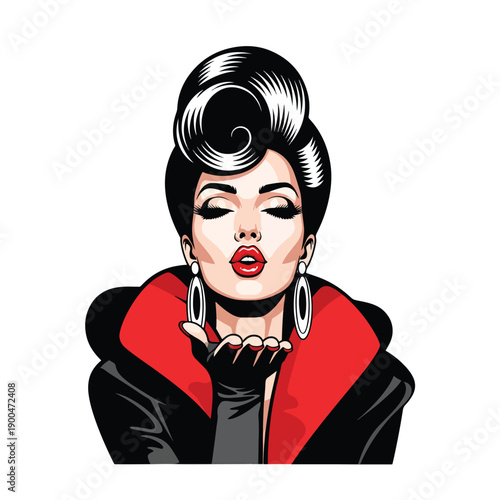 Elegant retro woman blowing a kiss, a vibrant pop art vector illustration expressing affection and romance