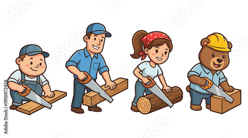 carpenter using a hand saw cute cartoon vector set , isolate on a white background. SVG and PNG