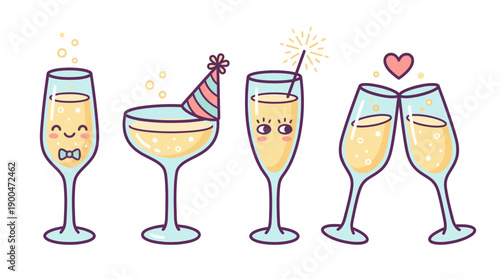 champagne glasses cute cartoon vector set , isolate on a white background. SVG and PNG