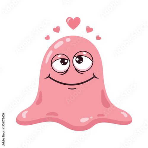 Sweet Pink Blob Character Looking Up Dreamily with Hearts, Expressing Love and Happiness, Cartoon Vector Illustration