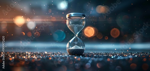 A shimmering hourglass with sand flowing, set against a blurred background of sparkling lights, symbolizing the passage of time.