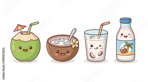 coconut drink cute cartoon vector set , isolate on a white background. SVG and PNG