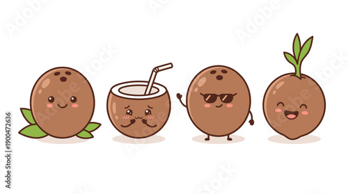 coconut cute cartoon vector set , isolate on a white background. SVG and PNG