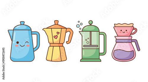 coffee pot cute cartoon vector set , isolate on a white background. SVG and PNG