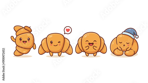 croissant cute cartoon vector set , isolate on a white background. SVG and PNG