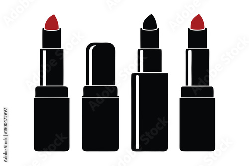 Set of red and pink shiny lipstick tubes isolated on a white background for glamour makeup and beauty fashion accessory