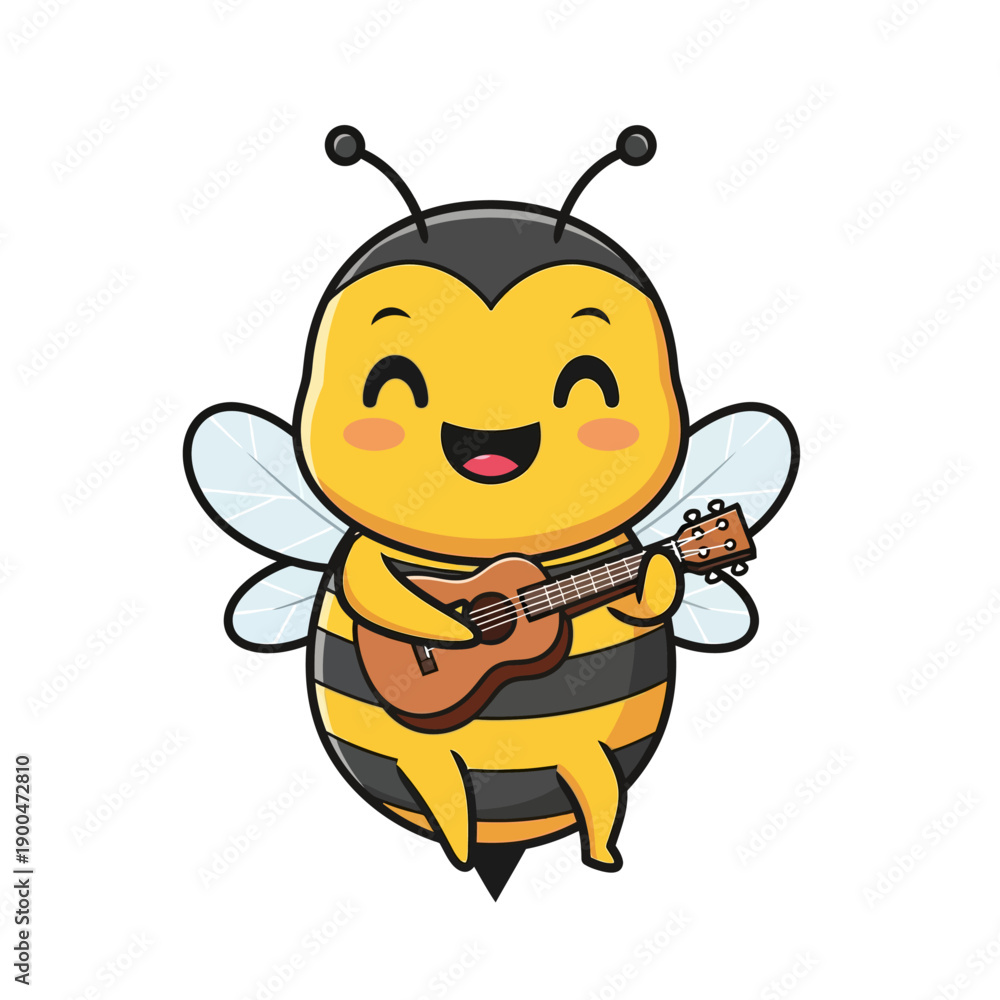 Obraz premium Cute Cartoon Honeybee Playing Ukulele Guitar Illustration Isolated on White Background