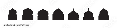 Set of seven different black silhouette designs of traditional eastern mosque cupolas