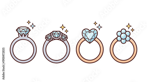 diamond ring cute cartoon vector set , isolate on a white background. SVG and PNG