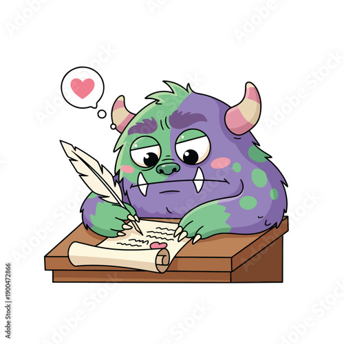Adorable monster character diligently writing a heartfelt love letter with a quill pen at a desk, illustration
