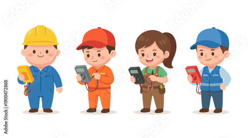 electrician holding a multimeter cute cartoon vector set , isolate on a white background. SVG and PNG