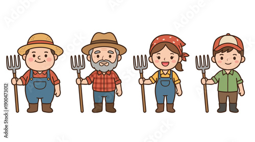 farmer holding a pitchfork cute cartoon vector set , isolate on a white background. SVG and PNG