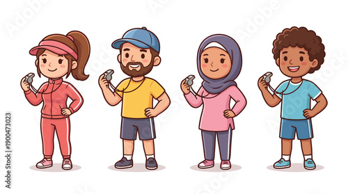 fitness trainer holding a whistle cute cartoon vector set , isolate on a white background. SVG and PNG