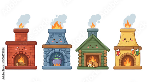 fireplace cute cartoon vector set , isolate on a white background. SVG and PNG