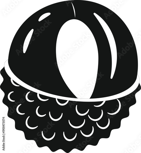 Black silhouette of a lychee with smooth skin and spiky base on a white background