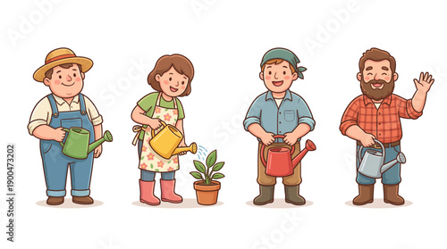 gardener holding a watering can cute cartoon vector set , isolate on a white background. SVG and PNG
