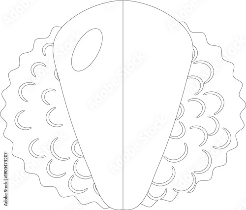 Outline drawing of a whole rambutan fruit with spiky skin on a white background