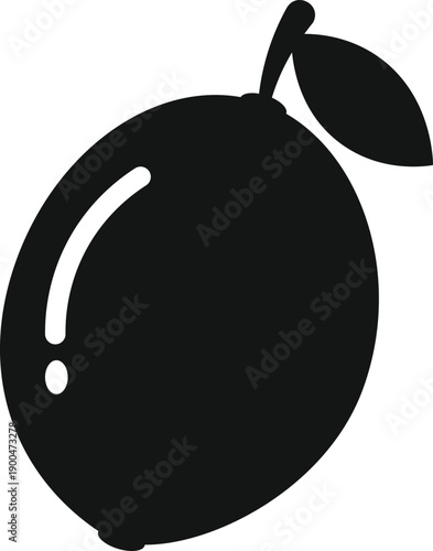 Black silhouette of a passion fruit with leaf and stem on a white background