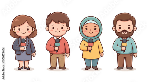 journalist holding a microphone cute cartoon vector set , isolate on a white background. SVG and PNG