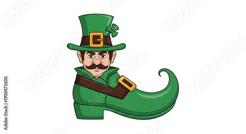 Cartoon leprechaun in green coat and hat with gold buckle smiling