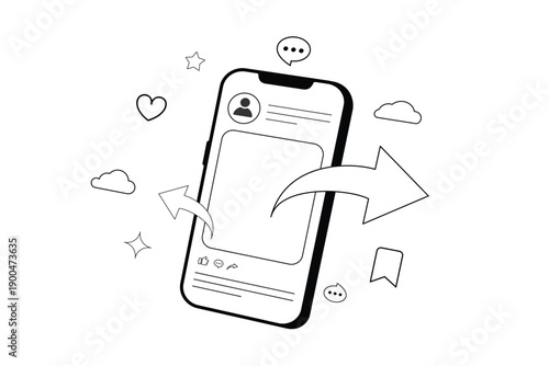 Social media phone screen with engagement icons and arrows symbolizing sharing and likes. Social media engagement user interface mockup, PNG.