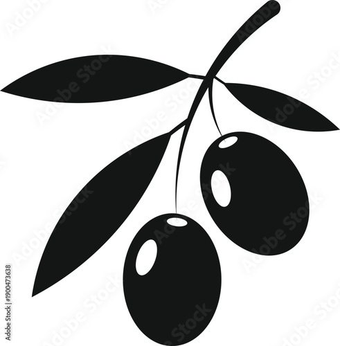 Two Olives on a Branch with Leaves Silhouette Icon for Mediterranean Food and Oil