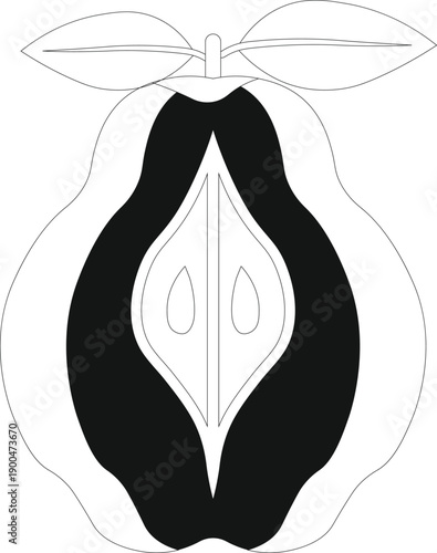 Line Art Halved Pear Fruit Icon with Seeds and Leaves for Healthy Eating