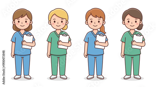 nurse holding a medical chart cute cartoon vector set , isolate on a white background. SVG and PNG