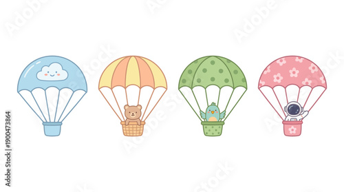 parachute cute cartoon vector set , isolate on a white background. SVG and PNG
